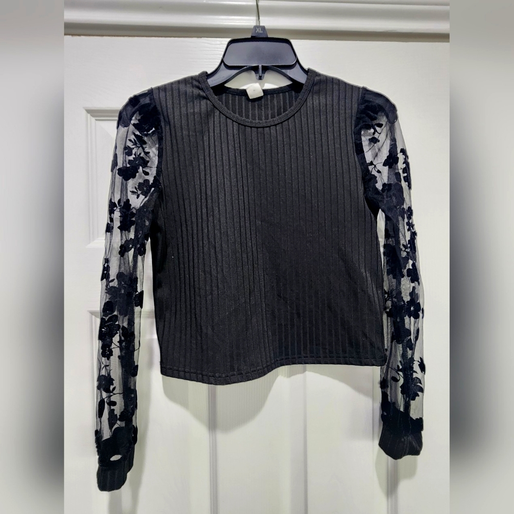 Black blouse floral print contrast mesh long sleeve